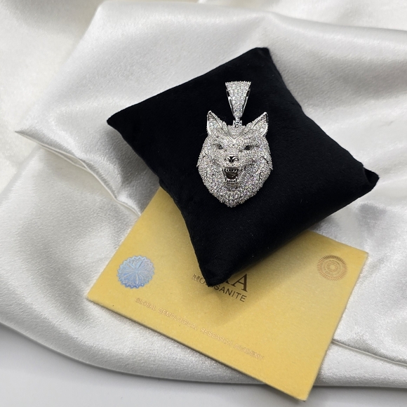Sterling Silver 925 Moissanite Wolf Head Pendant